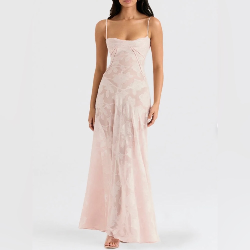 Pink lace maxi dress zipper and tie
